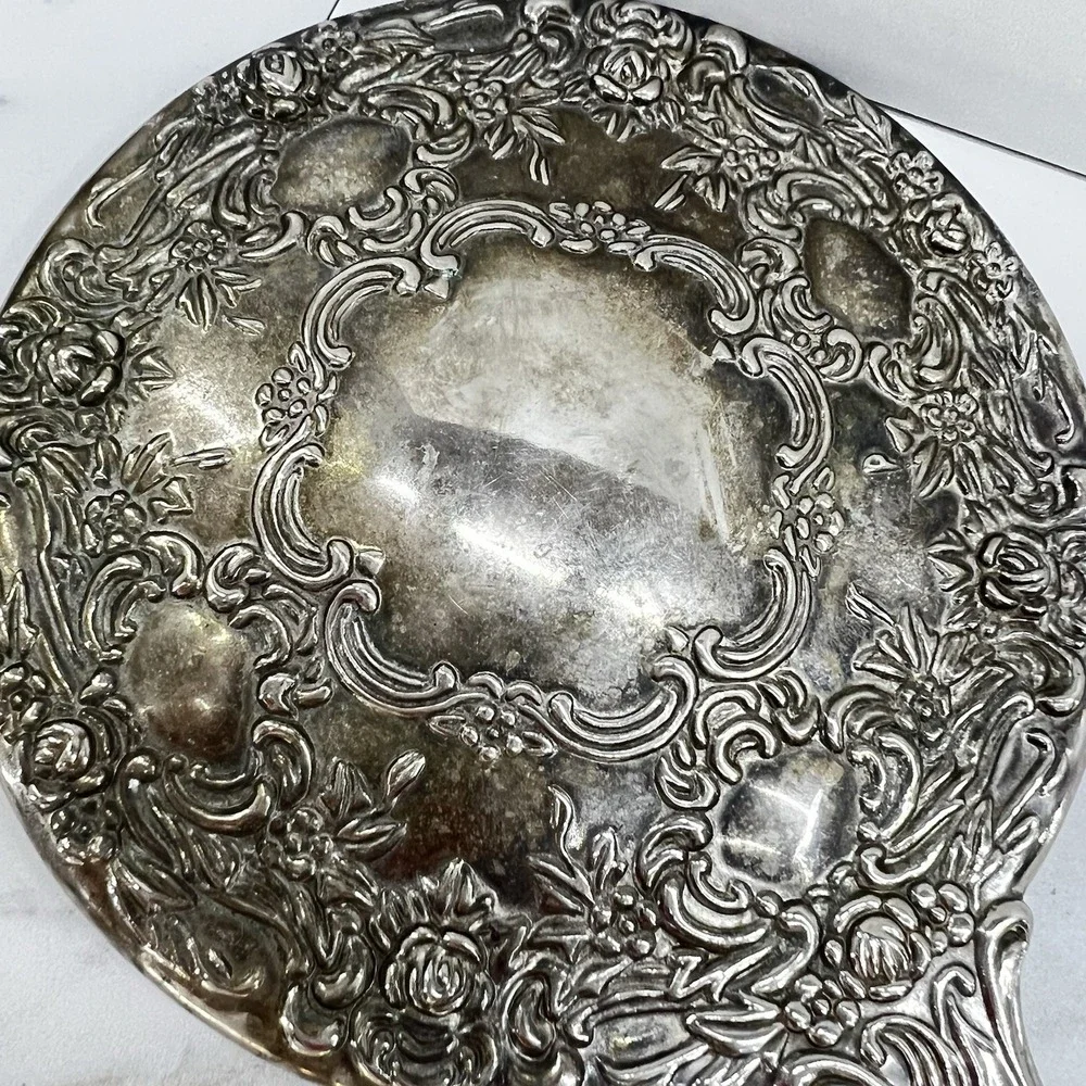 Vtg Repousse Heavy Silver Plate Vanity Hand Mirror Victorian Ornate Floral 9.5